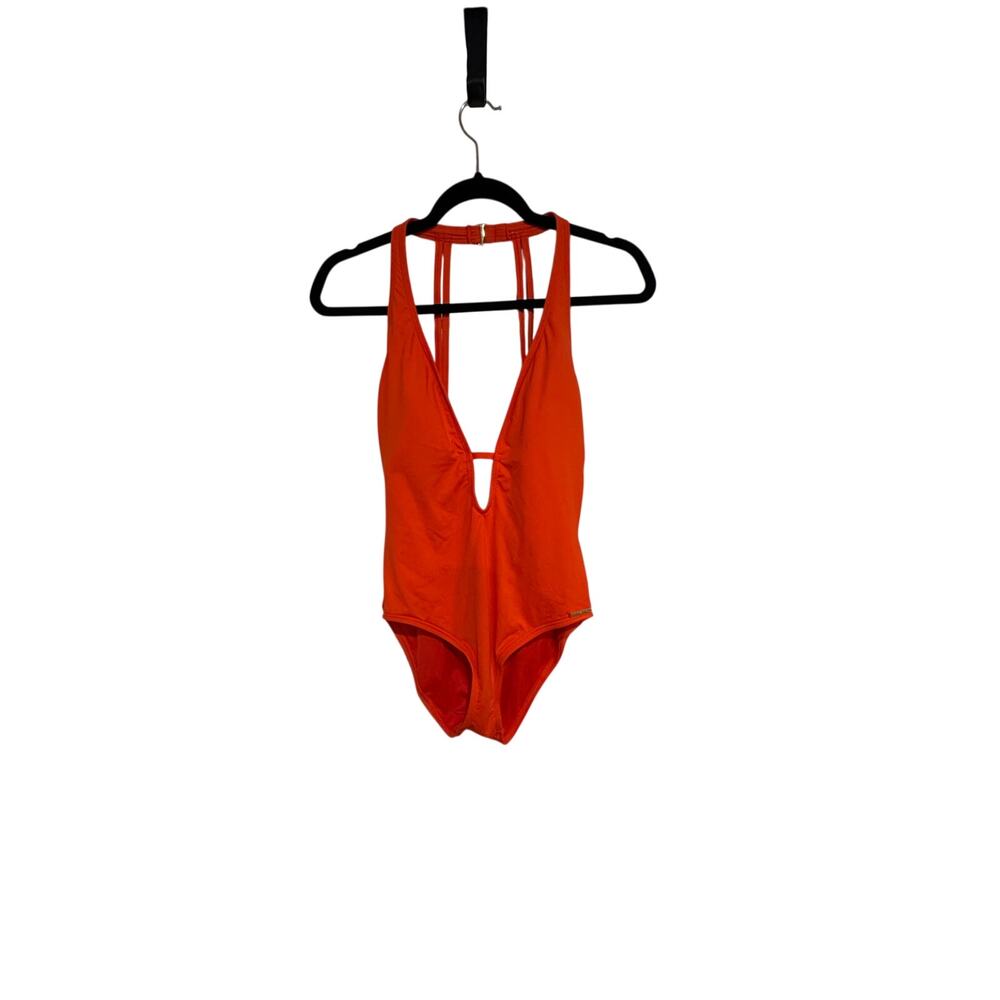 Vince Camuto Neon Orange Plunge One Piece Swimsuit Open Back Strappy Women’s